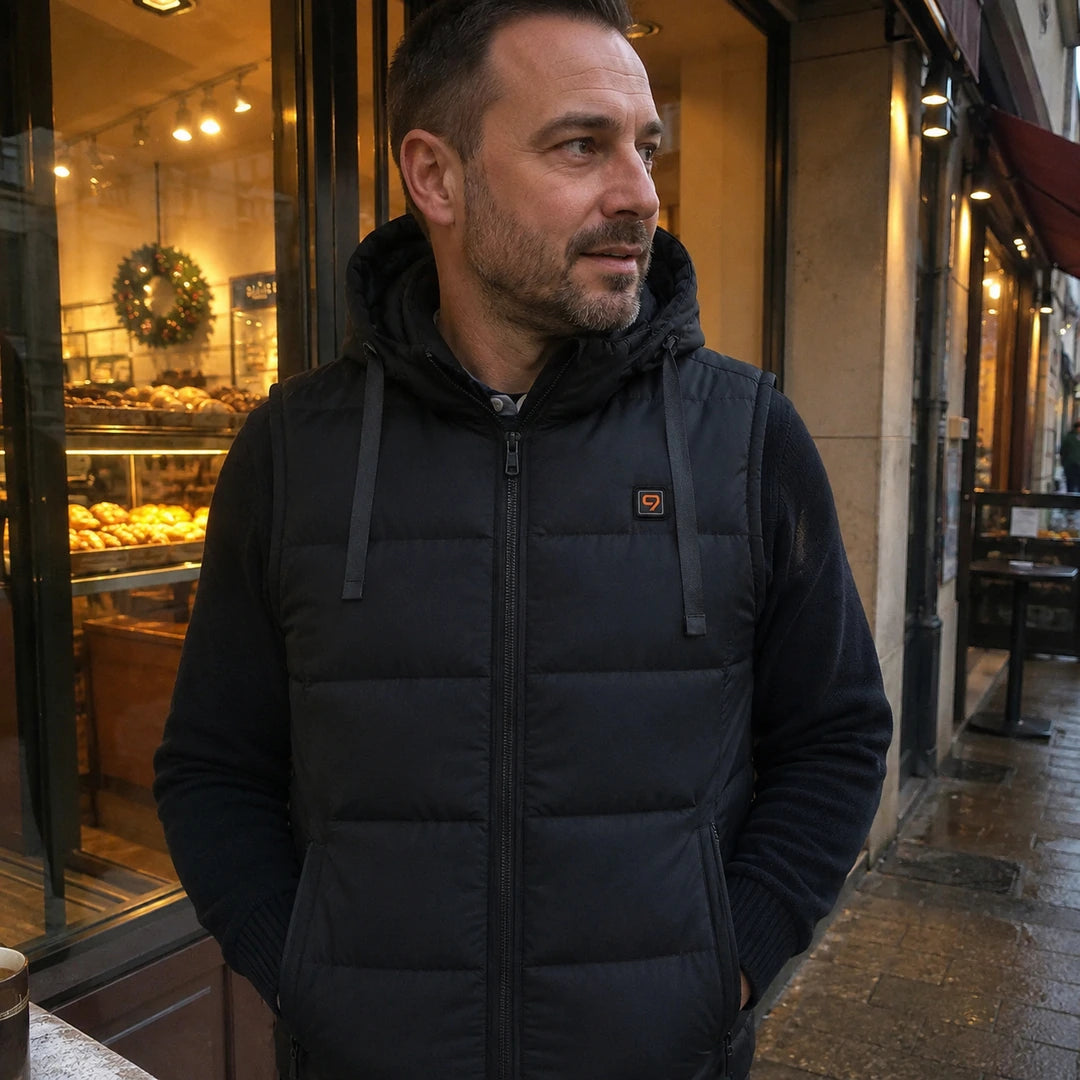 Photo client portant 9HEAT Nova V7 - Gilet chauffant à capuche Unisexe