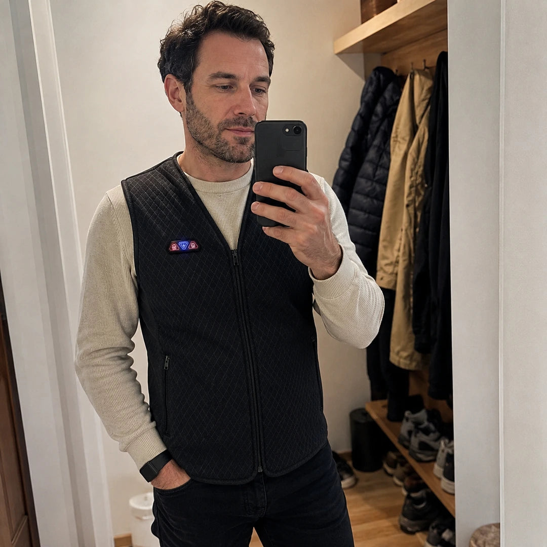 Photo client portant Gilet chauffant fin unisexe - Thermo V8