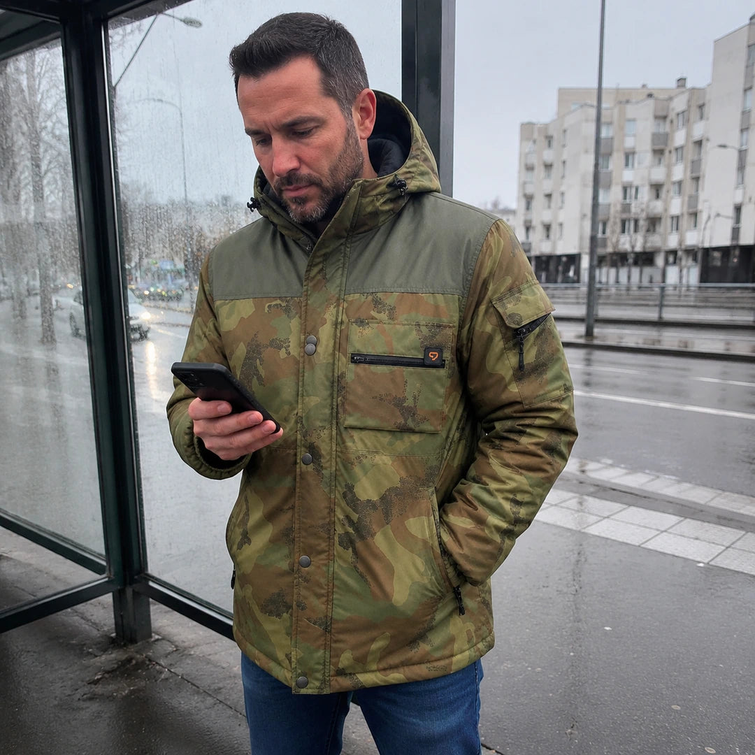 Photo client portant 9HEAT Terrain 4 - Manteau chauffant Homme Camouflage