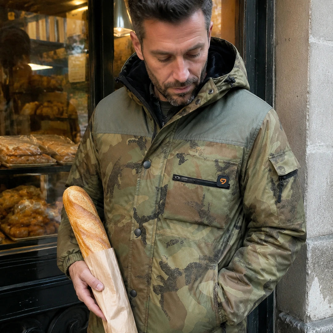 Photo client portant 9HEAT Terrain 4 - Manteau chauffant Homme Camouflage