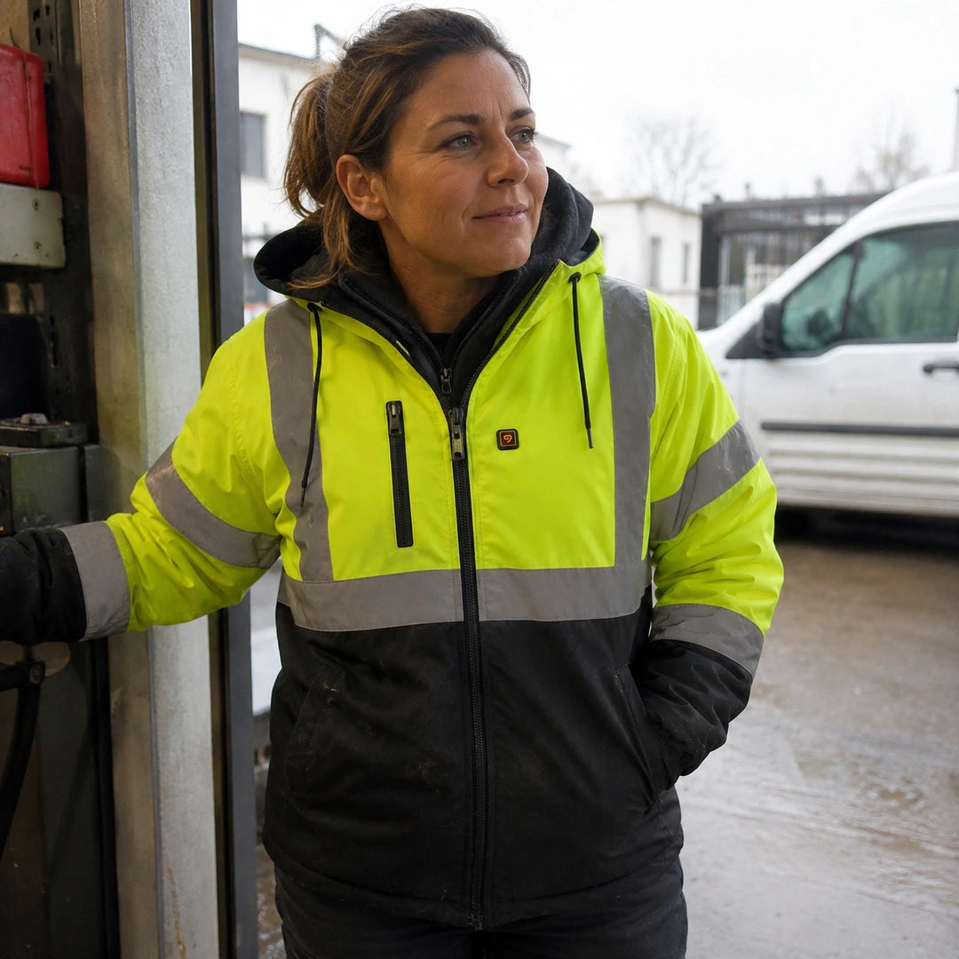 Photo client portant Veste de travail chauffante haute visibilité - WorkGuard