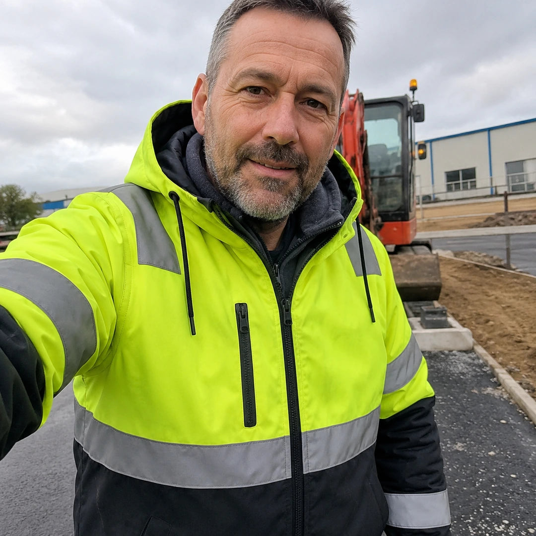 Photo client portant Veste de travail chauffante haute visibilité - WorkGuard