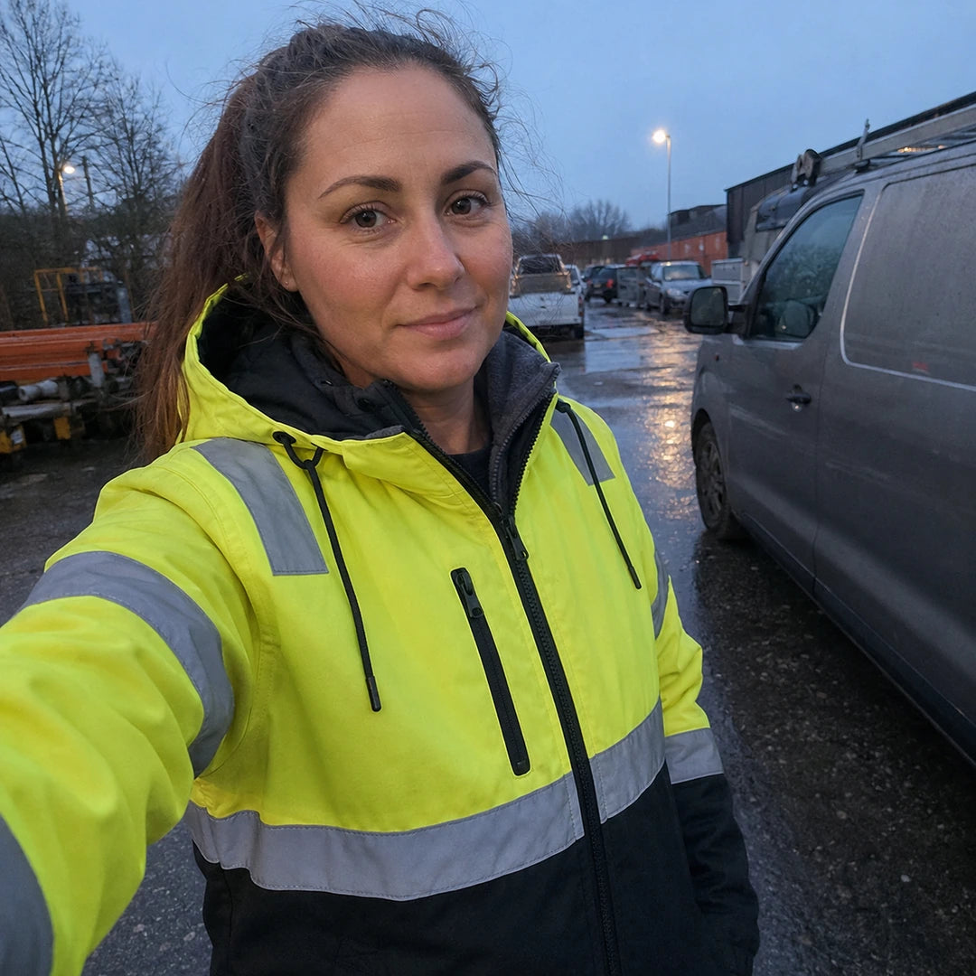 Photo client portant Veste de travail chauffante haute visibilité - WorkGuard