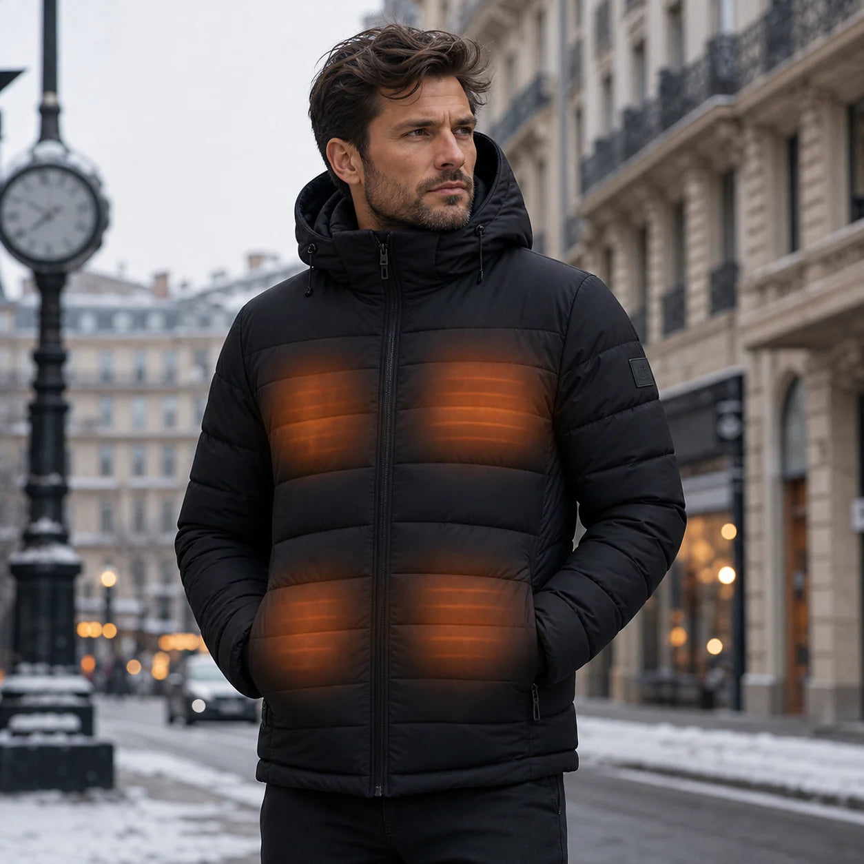 Gilet chauffant 9HEAT porté en ville froide