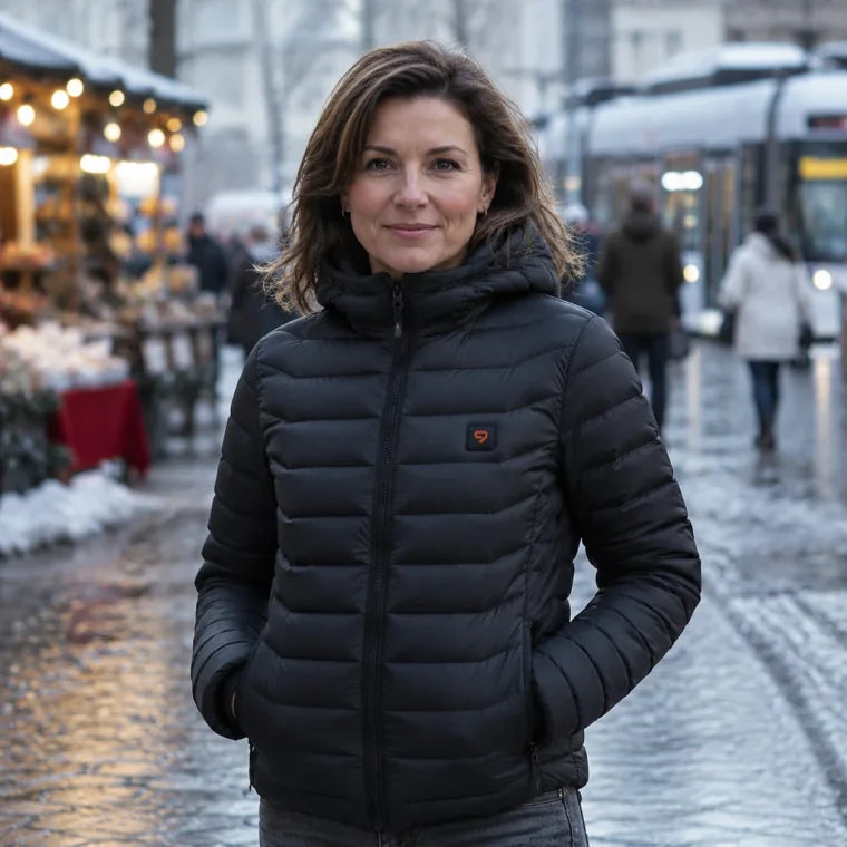 Cliente portant une doudoune chauffante noire 9HEAT dans un marché d'hiver